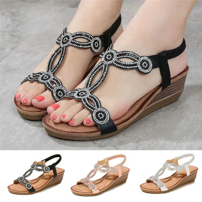 BEYARNE Women's Shoes Summer New Bohemia Wedge Women Sandals Rhinestone Woman Flip Flops Vintage Women Shoes BeachE627