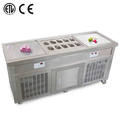 CE ETL Approval Popular Style Flat Double square Flat Pan Fry Ice Cream Machine with 10 Tanks Topping Freezer