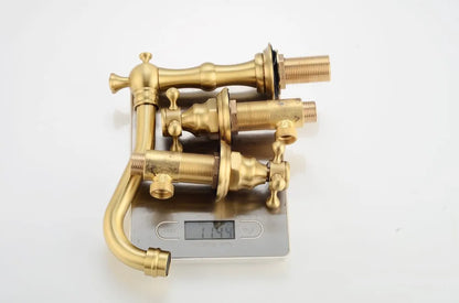 Brushed Gold Basin Water Tap Bathroom Deck Mounted 3 Holes Cross Handle Basin Faucet