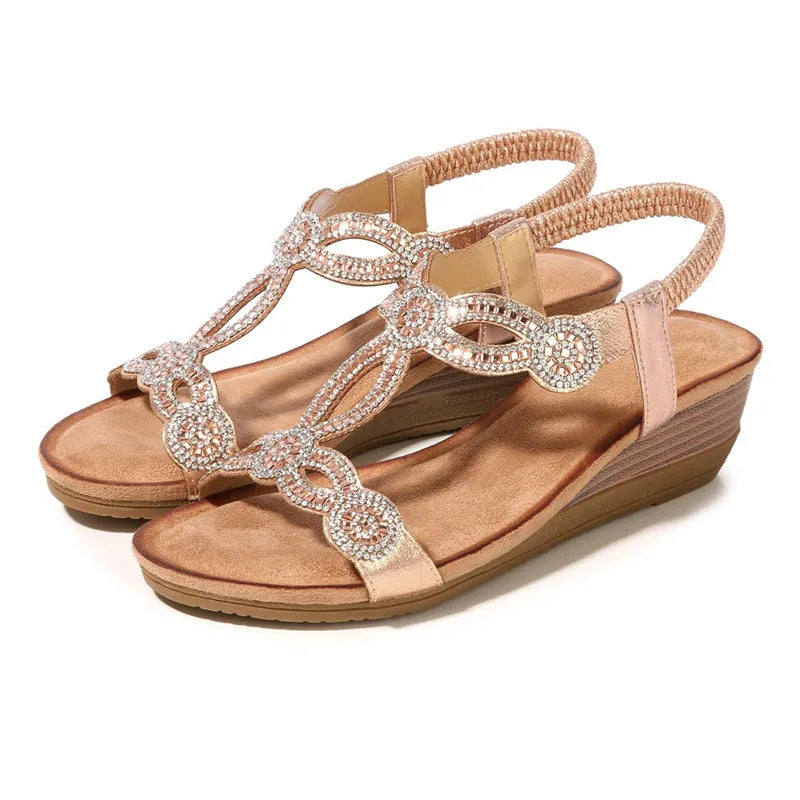 BEYARNE Women's Shoes Summer New Bohemia Wedge Women Sandals Rhinestone Woman Flip Flops Vintage Women Shoes BeachE627