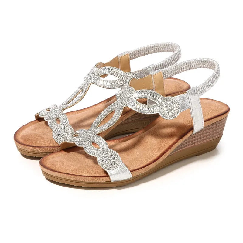 BEYARNE Women's Shoes Summer New Bohemia Wedge Women Sandals Rhinestone Woman Flip Flops Vintage Women Shoes BeachE627