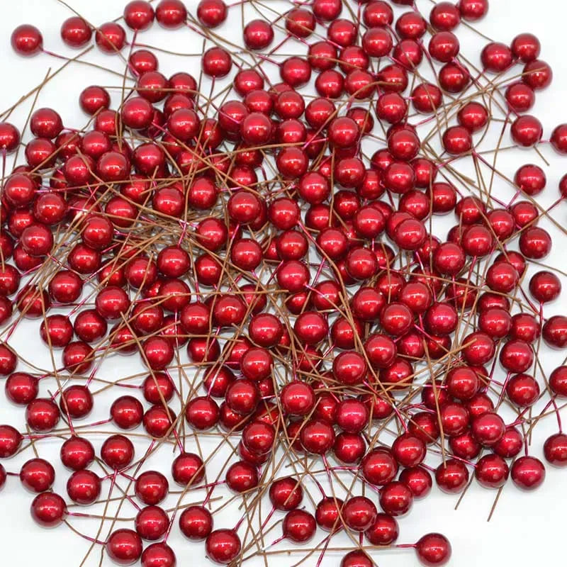50Pcs/lot Mini Artificial Flower Fruit Stamens Cherry Christmas Plastic Pearl Berries for Wedding DIY Gift Box Decorated Wreaths