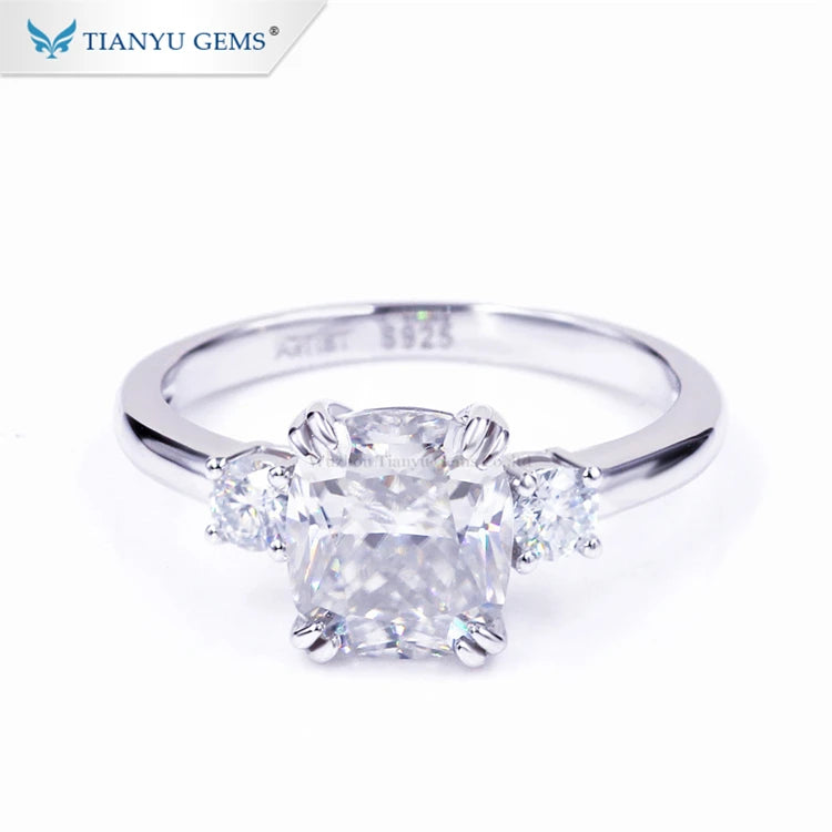 Tianyu Gems Fine Jewelry Cushion Cut Pure S925 Sterling 18k Gold Plated Moissanite Engagement Wedding Silver Rings for Women