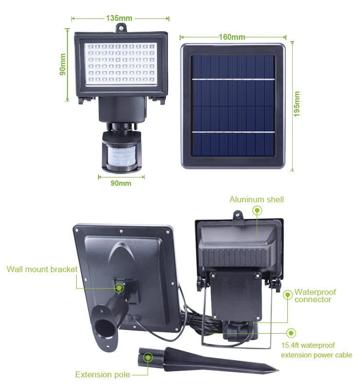 IP65 60 LED Solar Powered Garden Lamp Motion Sensor Security Flood Light 80 Luces Solares Battery Plastic Body Landscape Solares