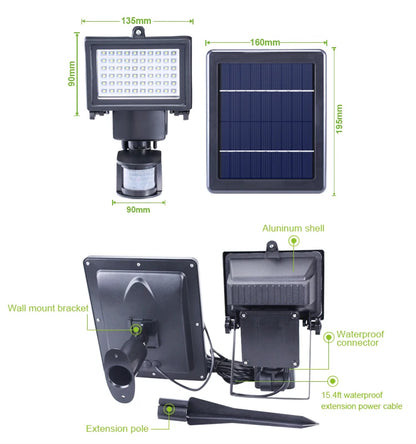 IP65 60 LED Solar Powered Garden Lamp Motion Sensor Security Flood Light 80 Luces Solares Battery Plastic Body Landscape Solares
