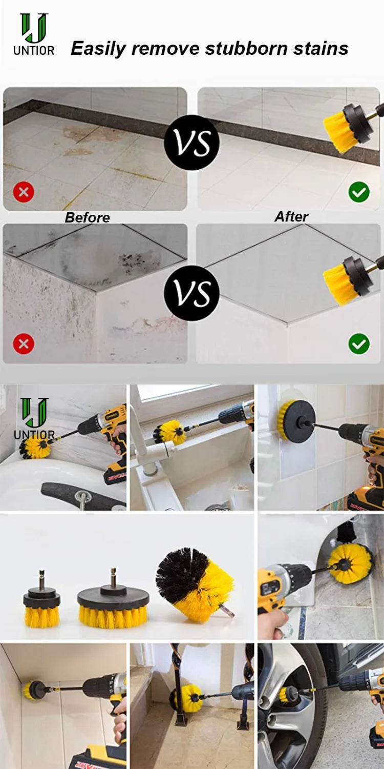 UNTIOR 3Pcs/Set Electric Scrubber Brush Drill Brush Kit Plastic Round Cleaning For Carpet Glass Car Tires Nylon Brushes