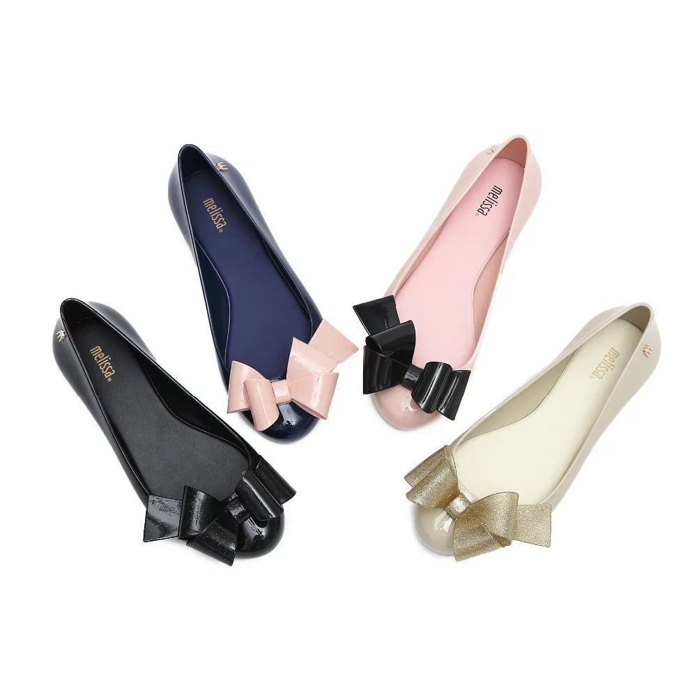 Design Big Butterfly Knot Melissa Women Flat Mules Sandals High Quality Cozy Patent Leather Pointed Toe Back Strap Shoes