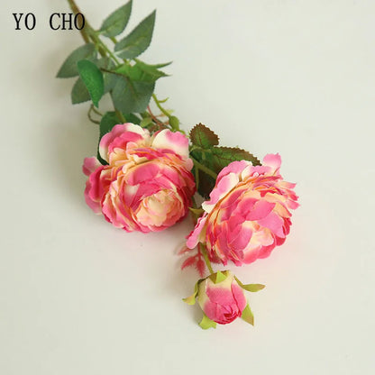 YO CHO Rose Artificial Flowers 3 Heads Pink White Peonies Silk Flower Wedding Garden Decoration Fake Flower Bouquet Peony Color