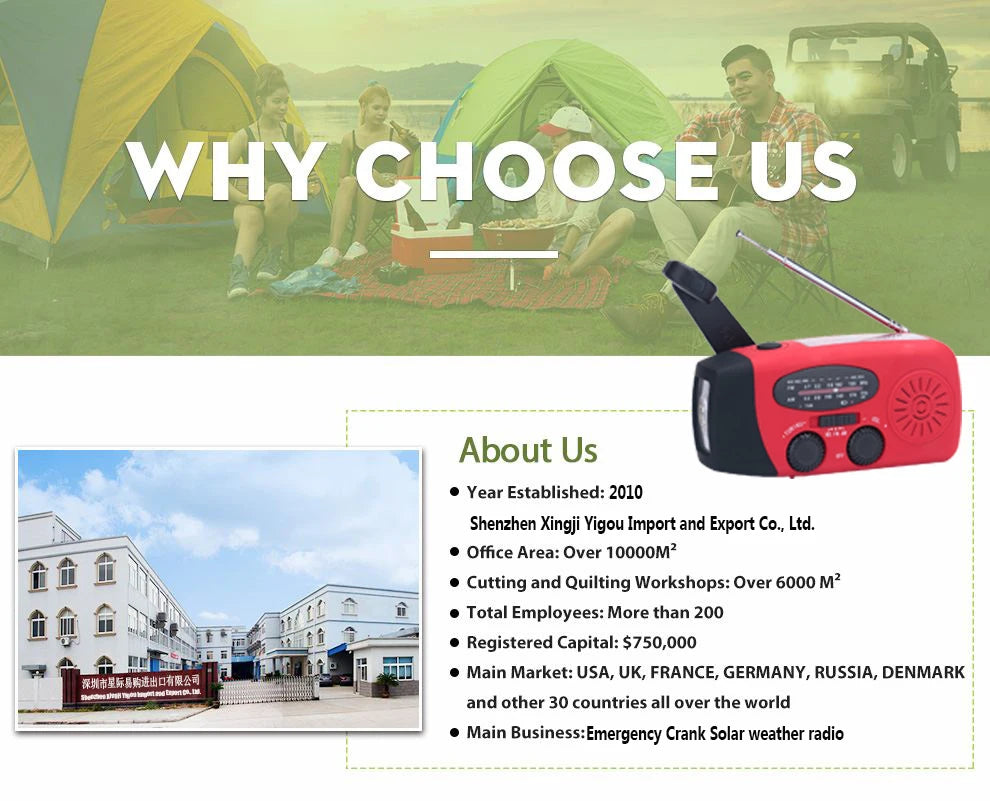 CE Certified 2000mAh Solar NOAA Radio LED Multi-Power Source for Wildfire Safety Flashlight Clock Internet Radio FM Radio