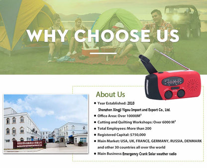 CE Certified 2000mAh Solar NOAA Radio LED Multi-Power Source for Wildfire Safety Flashlight Clock Internet Radio FM Radio
