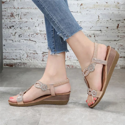 BEYARNE Women's Shoes Summer New Bohemia Wedge Women Sandals Rhinestone Woman Flip Flops Vintage Women Shoes BeachE627