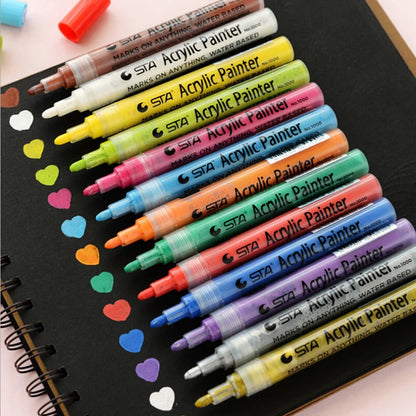 Hot Selling 12 Color STA Acrylic Paint Marker Pens Permanent Ink for Writing on Paper