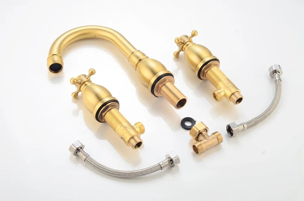 Brushed Gold Basin Water Tap Bathroom Deck Mounted 3 Holes Cross Handle Basin Faucet