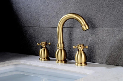 Brushed Gold Basin Water Tap Bathroom Deck Mounted 3 Holes Cross Handle Basin Faucet