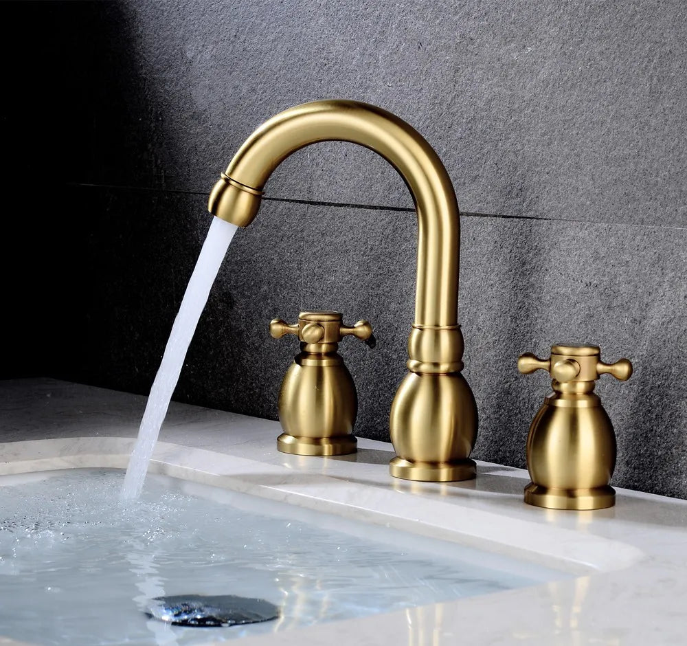 Brushed Gold Basin Water Tap Bathroom Deck Mounted 3 Holes Cross Handle Basin Faucet