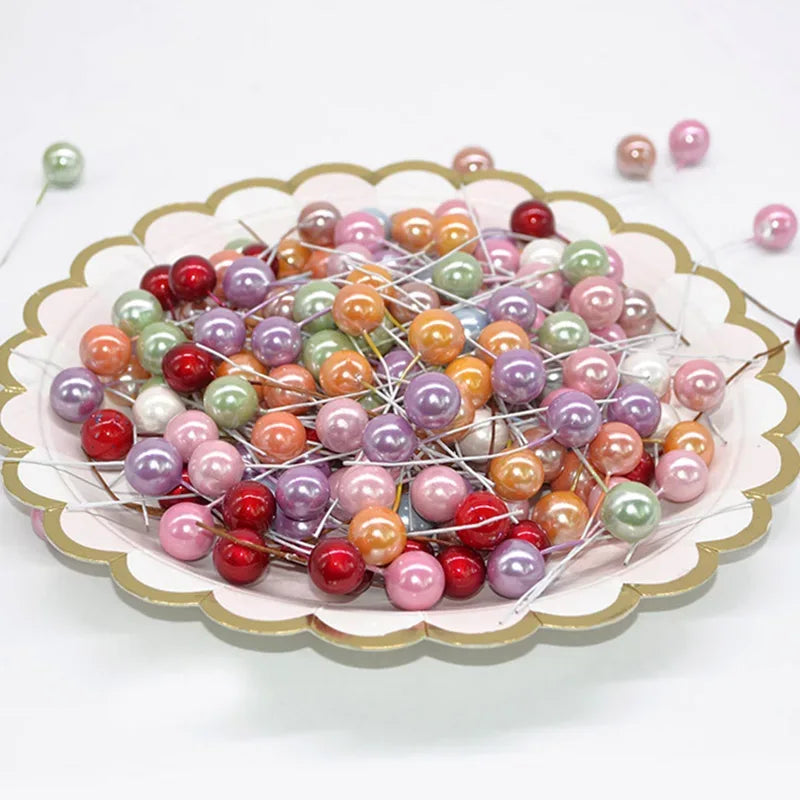 50Pcs/lot Mini Artificial Flower Fruit Stamens Cherry Christmas Plastic Pearl Berries for Wedding DIY Gift Box Decorated Wreaths