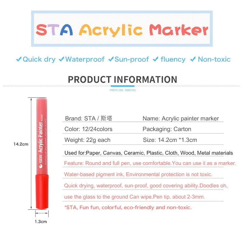 Hot Selling 12 Color STA Acrylic Paint Marker Pens Permanent Ink for Writing on Paper