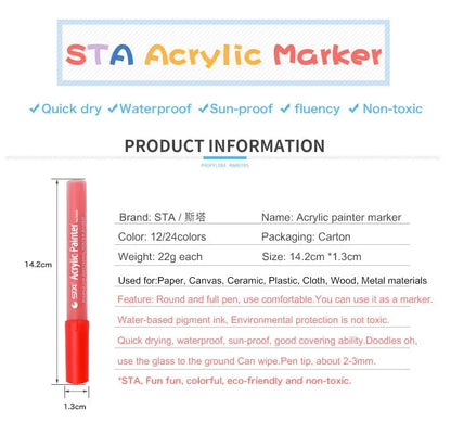 Hot Selling 12 Color STA Acrylic Paint Marker Pens Permanent Ink for Writing on Paper