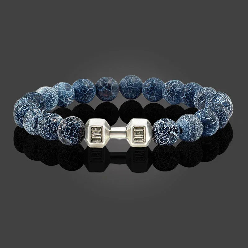 Natural Volcanic Stone Bracelet Men Matte Black Lave White Beads Charm Dumbbell Strand Bracelets Women Barbell Fitness Jewelry
