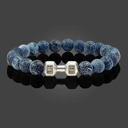 Natural Volcanic Stone Bracelet Men Matte Black Lave White Beads Charm Dumbbell Strand Bracelets Women Barbell Fitness Jewelry