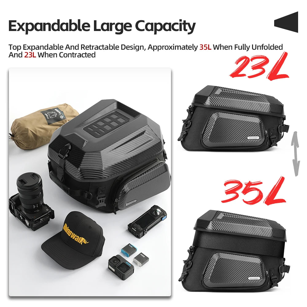 Rhinowalk Waterproof 23L-35L Motorcycle Tail Bag Hard Shell Expandable Rear Seat Bags for Motorbike Adventure