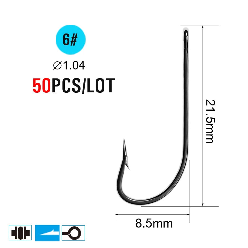 ICERIO 50PCS High Carbon Steel Barbed O'Shaughnessy Jig Hooks Saltwater Fishing Ringed Hooks Accessories Tackle