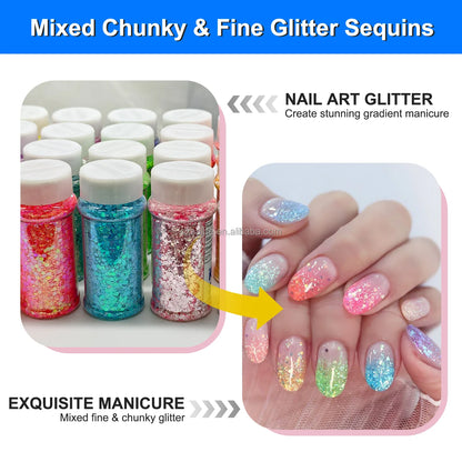 US Warehouses High Flash Spring Chunky Glitter 24 Color Bottle Set for Diy Makeup Manicure Handcrafted Cups Gift-making and More
