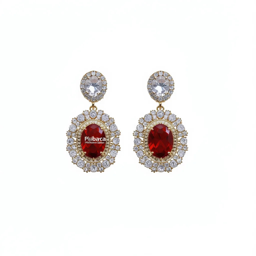 Plbaca Gold Plated Drop Earrings With Red Zircon And Crystal Rhinestone Bezel Setting For Women Party Classic Style