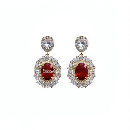 Plbaca Gold Plated Drop Earrings With Red Zircon And Crystal Rhinestone Bezel Setting For Women Party Classic Style