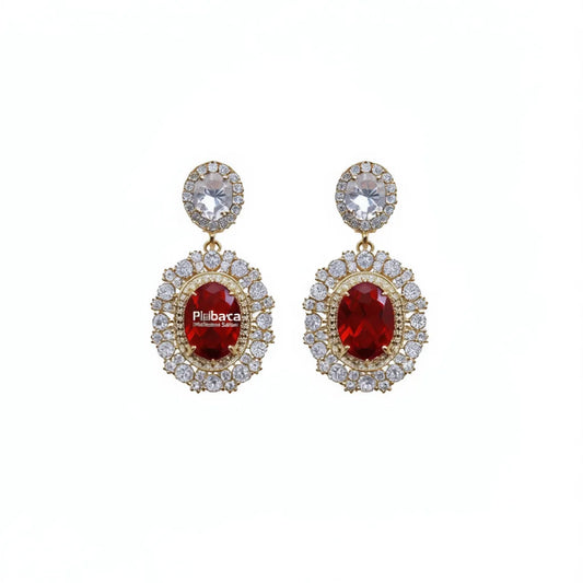 Plbaca Gold Plated Drop Earrings With Red Zircon And Crystal Rhinestone Bezel Setting For Women Party Classic Style
