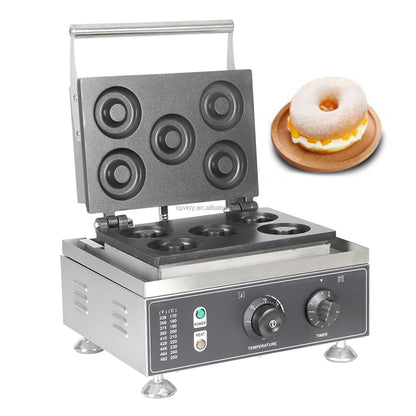 Commercial Electric Double-Sided Waffle & Donut Maker 5-Hole Non-Stick Surface Temperature Range 122-572℉ for Holiday Inn