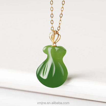 Certified Grade a Natural Spinach Green Hotan Jade Green Jade Lucky Bag Money 18K Gold Inlaid Jade Necklace Pendant Lady