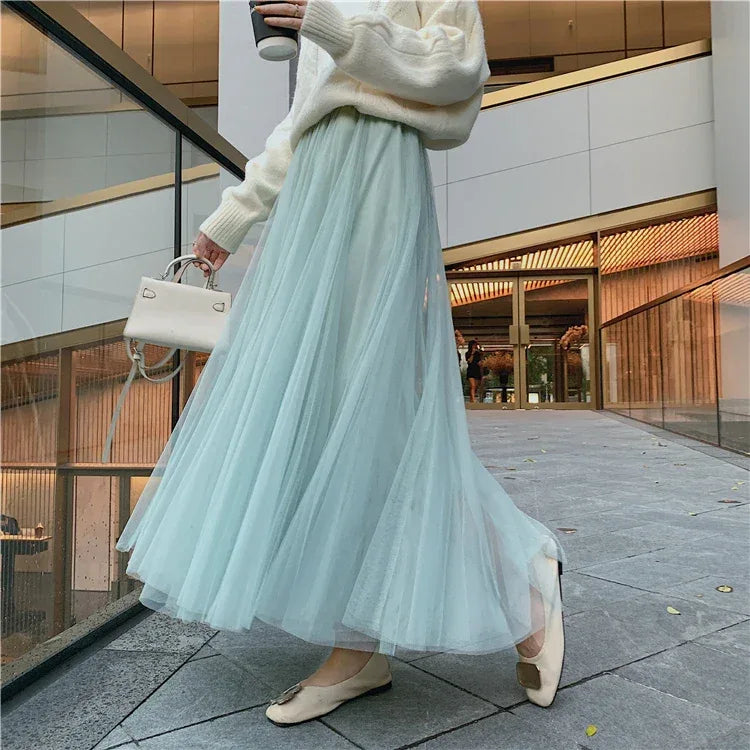 TingYiLi Elegant Tulle Skirt Autumn Winter Big Swing Women Skirt Korean Cute Pink Green Gray Blue Brown Black Long Skirt Tutu