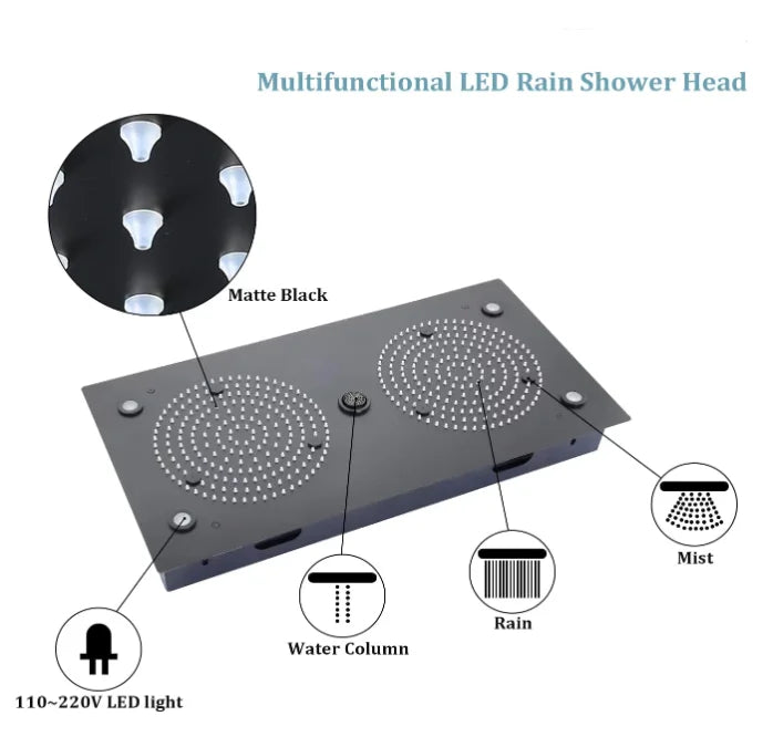 Black Ceiling Rain Brass Shower Combo with Thermostatic Mixing Valve Kit 24.4x12.6 Inch Rain Waterfall Shower Head