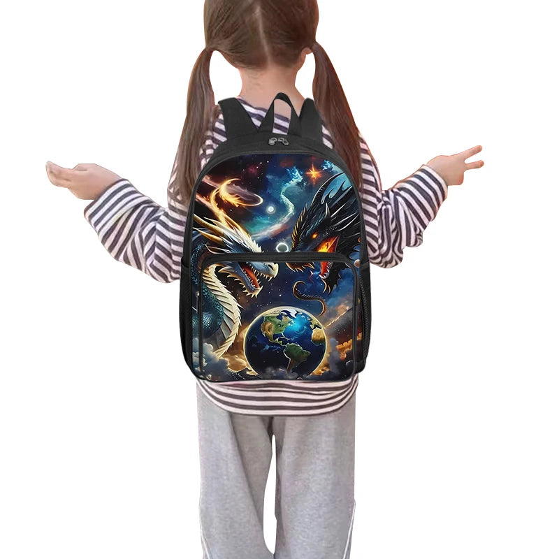 Unisex Double Dragon Play Bead Student Backpack Set Three-Piece Zipper Closure Fashionable Cartoon Pattern Polyester Waterproof