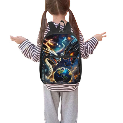 Unisex Double Dragon Play Bead Student Backpack Set Three-Piece Zipper Closure Fashionable Cartoon Pattern Polyester Waterproof