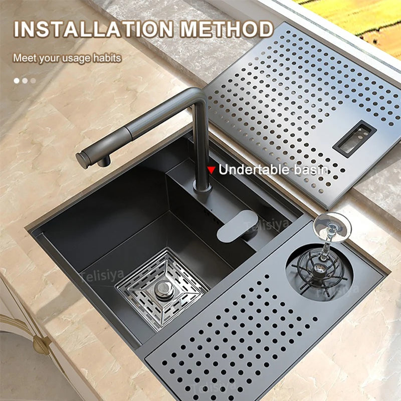 Hidden Cup Washer Bar Sink Stainless Steel Kitchen Sink Multifunctional Wash Basin Mini Small Single Slot With Cover Plate