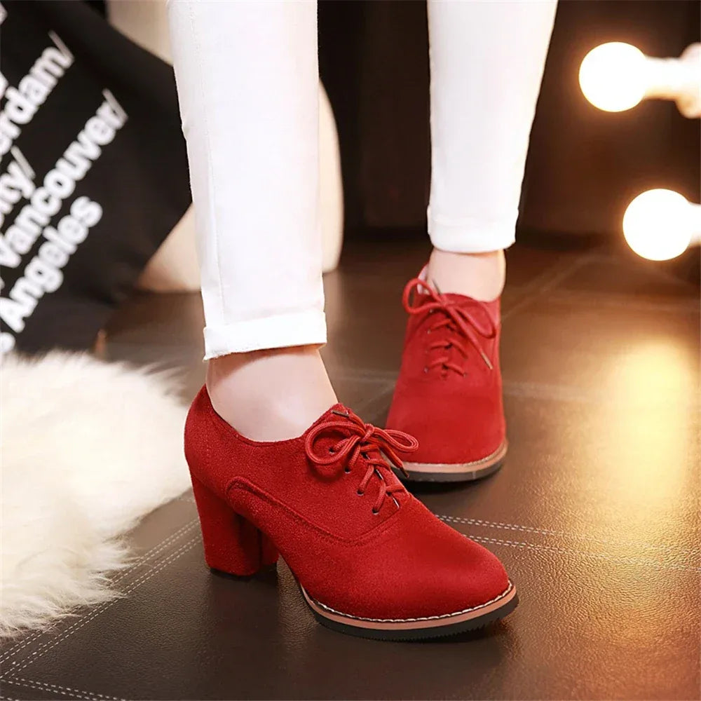 Vintage Women Lace Up Pumps Square Heel Round Toe High Heels British Style Oxfords Autumn Low Top Student Shoes Blue Booties 33