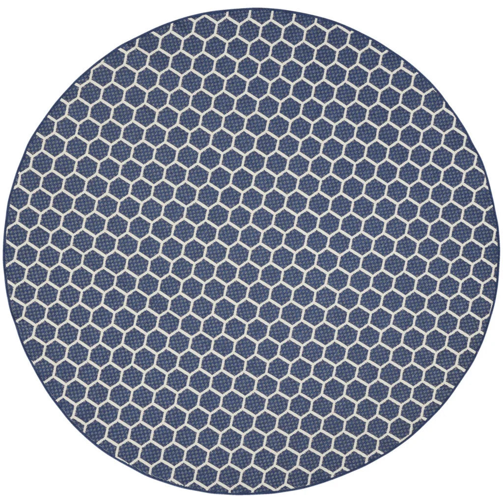 HMS 8' Navy Blue Ivory Geometric Indoor/Outdoor Reversible Area Rug Modern Square Pattern for Teenagers for Office or Kitchen