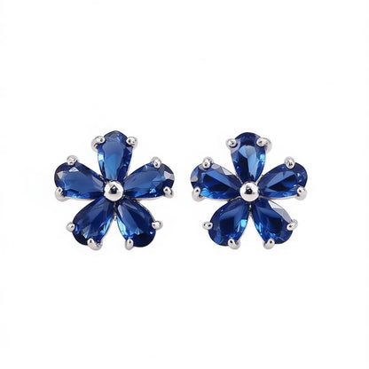 Silver Plated Blue Gemstone Flower Stud Earrings For Women Party Fashion Jewelry Alloy Earring With Claw Setting