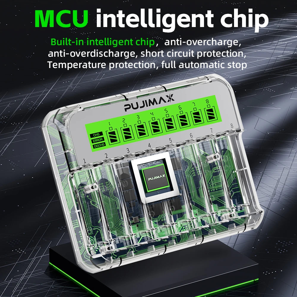 PUJIMAX Eight Slot AA AAA Battery Charger Ni-cd Nickel-Metal Hydride Battery Portable Battery Charger with Overcharge Protection
