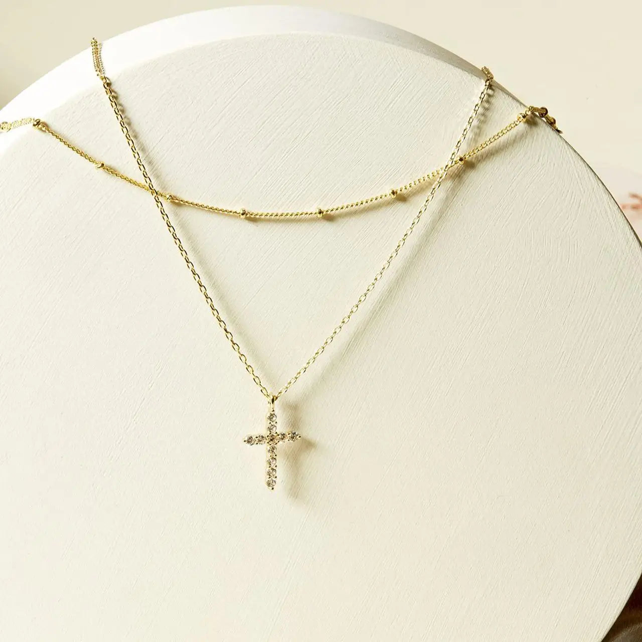 Luxury Hypoallergenic 18K Gold Plated Stainless Steel Double-Layer Micro Inlaid Zircon Cross Necklace with Adjustable Chain