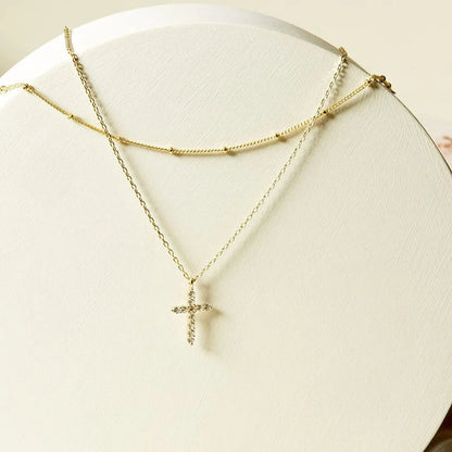 Luxury Hypoallergenic 18K Gold Plated Stainless Steel Double-Layer Micro Inlaid Zircon Cross Necklace with Adjustable Chain