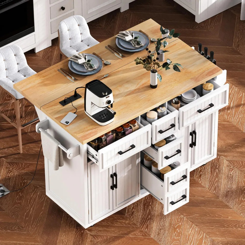 56.5'' Kitchen Island with Drop Leaf, Power Outlet, Embossed Vertical Stripe Rolling Kitchen Cart on Wheels