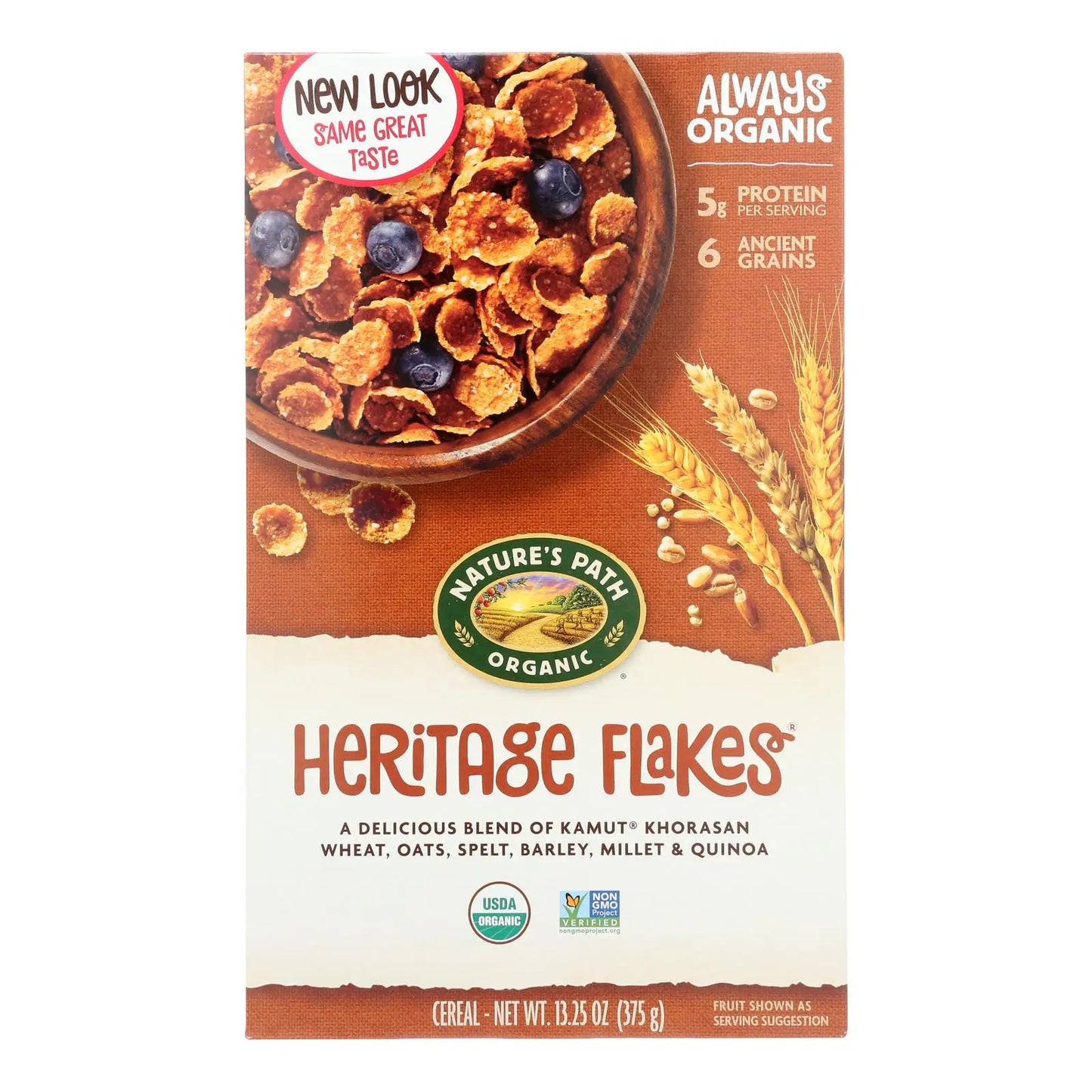 Céréales Nature's Path Organic Heritage Flakes UD2, céréales instantanées pour petit-déjeuner, en boîtes de 375 g (13,25 oz) pour enfants, conditionnées en sachets individuels.