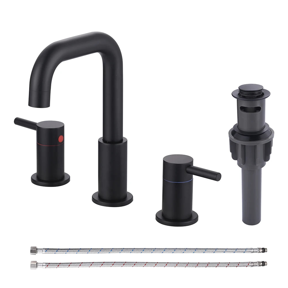 Modern Bathroom Vanity Faucet Basin Mixer Tap 360 Swivel Spout Deck Mounted Three Hole Double Handle Wash Basin Faucet