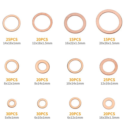 280pcs Copper Washers Copper Sealing Washer 12 Sizes Assorted Solid Copper Crush Washers Seal Flat Ring Set with Case