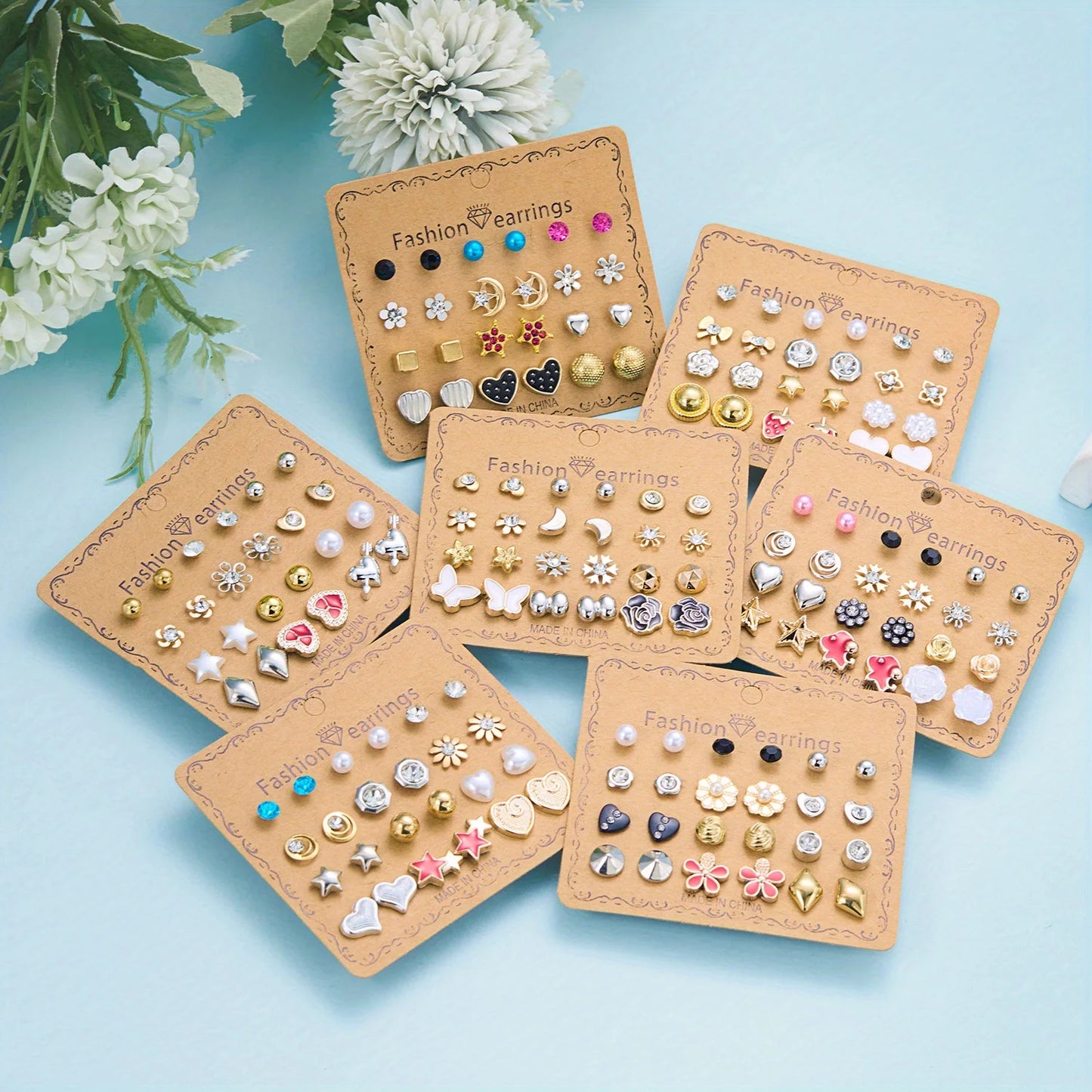 84Pairs Multi-style Stud Earrings for Women, Elegant Butterfly Strawberry Heart Daisy Flower Earrings, Multiple Month Design