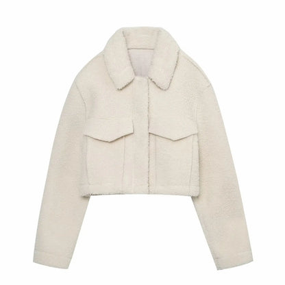 KAR&OT ZA 2024 Autumn and Winter New Fashion Snap Button Closure Flap Pockets Decorated Fleece Short Jacket 4341843