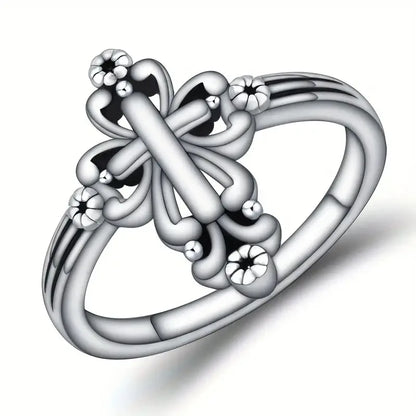 Silver Cross Ring Bezel Setting Unisex Christian Religious Ceremony Fine Jewelry T0653